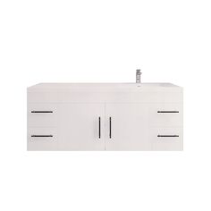 a white bathroom vanity with two drawers and a faucet on the sink side