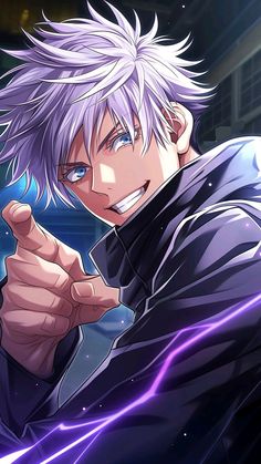 an anime character with white hair pointing to the side while wearing black and purple clothes