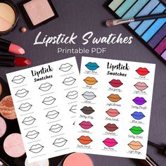 Create the ultimate lipstick color palette with this lipstick color guide and keep track of your favorites lipstick writing their name and brand above the swatches. Includes: 1 PDF (U.S. LETTER SIZE) with 1x Blank Lipstick swatches for you to organize your favorites lipsticks and write down their names 1x Already color lipstick swatches page for reference. Tip: Frame your printable for excellent results in your vanity makeup room! INSTANT DOWNLOAD (no physical item will be sent) DIRECTIONS: 1. Purchase this listing. 2. Once payment is confirmed, download the file through Etsy. 3. Save the file to your computer and print Because this is an instant download, once this file is purchased, no changes or refunds can be offered. Once purchased, you may print unlimited copies. You can print from y Vanity Makeup Room, Lipstick Writing, Lipstick Color Palette, Printable Makeup, Makeup Printables, Vanity Makeup Rooms, Lipstick Names, Hair Print, Color Lipstick