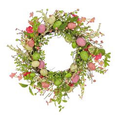 a wreath with flowers and eggs on it