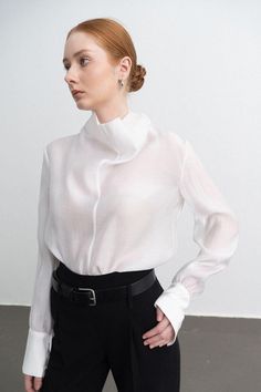 Harper Straight Long Sleeved Silk Organza Shirt - MEAN BLVD Organza Shirt, Mean Blvd, Clean Towels, Mesh Laundry Bags, White Party, Silk Organza, Flat Head, Sophisticated Design, Cuff Sleeves