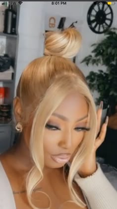 Half Up In Bun Half Down Hair, Sleek Ponytail Bun Black Women, Blonde Frontal Ponytail, Natural Hair Braids No Weave, Black Woman Ponytail Hairstyles, Blonde Ponytail Black Women, Blonde Updo Black Women, Hair Ideas For Birthday, Blonde Top Knot