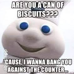 an image of a cartoon character with caption that reads, are you a can of biscuits? cause i wanna bang you against the counter