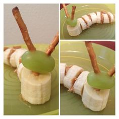 three pictures of bananas and green grapes on a plate with sticks sticking out of them