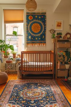 a baby's room with a rug, crib, and potted plants