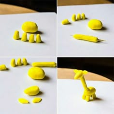 four different pictures of yellow objects on a white surface, including one giraffe's head