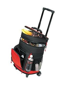 a red and black rolling bag filled with food, drinks and condiments on wheels