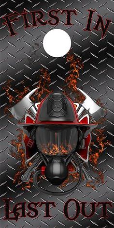 a fireman's helmet with the words, first in last out