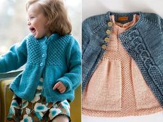 two pictures of children's sweaters, one in blue and the other in orange