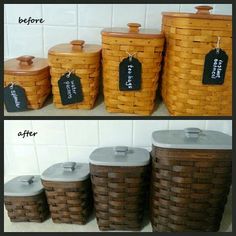 two pictures show different baskets with labels on them