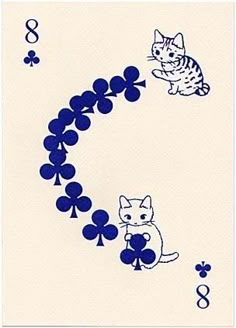 a card with an image of a cat on it's back and two clovers in the middle