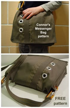 two pictures showing the inside and outside of a messenger bag with buttons on each side