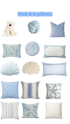 pillows and pillow covers are arranged in the shape of seashells, with blue accents