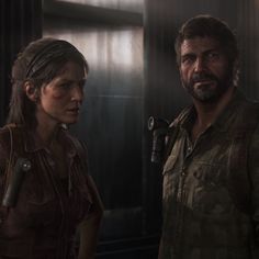 the last of us's characters are standing in a dimly lit room, looking at each other