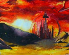 an abstract painting with red and yellow clouds in the sky above a city on a mountain