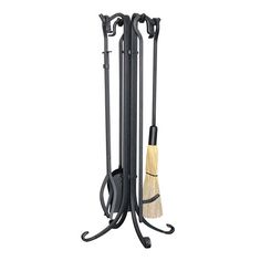 a black coat rack with two brooms on it's sides and a white background