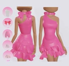 a pink dress with ruffles and bows on the neckline is featured in this image