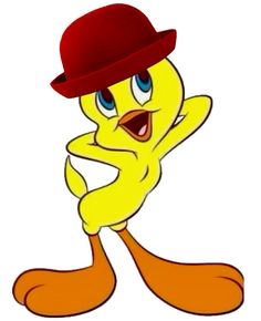 a yellow bird wearing a red hat and holding his arms up in front of him