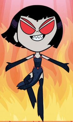 an animated character with red eyes and black hair, standing in front of a fire