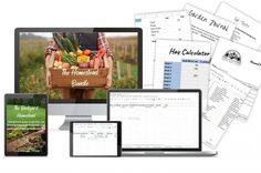 a computer, tablet, and phone are shown in front of the screen is an image of a farmer's basket full of vegetables