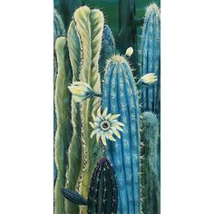 a painting of a cactus with flowers in the foreground and other cacti in the background