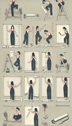 an image of a woman doing exercises on the wall in different poses and positions,