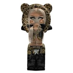 an animal - themed doll is posed in front of a white background, wearing black and leopard print shorts