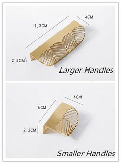 two images showing the size and width of an object, one with a leaf design on it