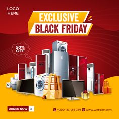 an advertisement for a black friday sale with various appliances and refrigerators in front of it