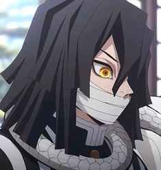 an anime character with long black hair and yellow eyes, wearing a white scarf around his neck