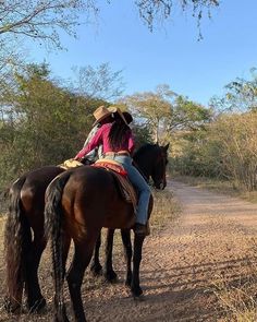 two people riding horses on a dirt road