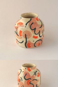 two vases with different designs on them, one is orange and the other is white