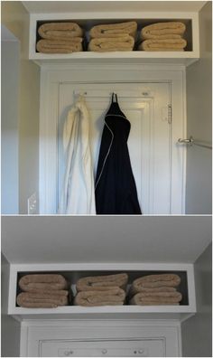 two pictures with towels hanging on the wall and in front of an open closet door