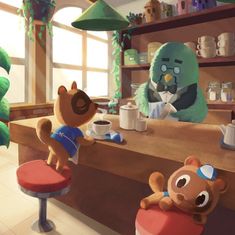 some cartoon characters sitting at a counter in a coffee shop and one is holding a teddy bear