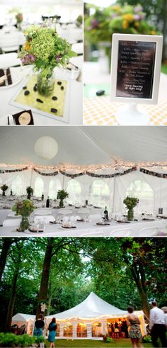 the reception tables are set up for an outdoor wedding in white tents and decorated with greenery