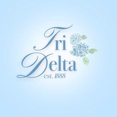 the logo for fri delta is shown with blue flowers and leaves on it