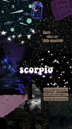 a collage of images with the word scorpio above them and stars in the sky