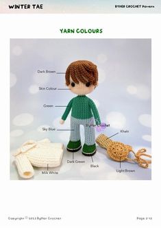 a knitted doll with text describing the parts of it