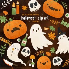 halloween clip art with pumpkins, ghost and skulls on brown background for scrapbook pages