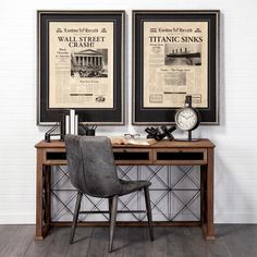 there are two framed pictures on the wall next to a desk with a chair and clock