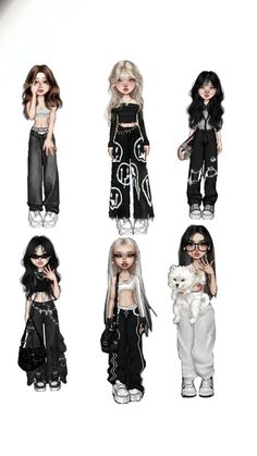 the dolls are all dressed in black and white