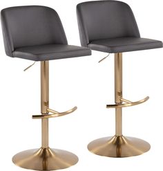 pair of modern bar stools in grey leatherette with gold metal base and foot rest