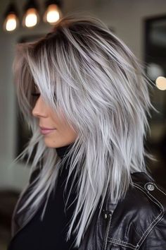 40+ Silver Hairstyles That Look Amazing on Anyone - Flo's Blog Haircut Before And After Medium, Sassy Hairstyles Long Hair, Grey Hair With White Money Piece, Dark To Gray Hair Transition, Dark With Platinum Highlights, Gray Biolage Hair, Edgy Over 40 Hairstyles, Going From Brown To Grey Hair, Platinum Blonde Straight Hair