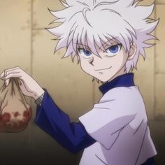 an anime character with white hair and blue eyes holding a piece of food in his hand