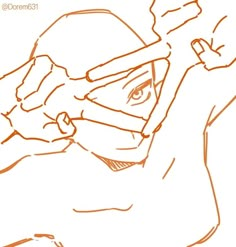 an orange line drawing of a man with glasses on his head and hands in the air