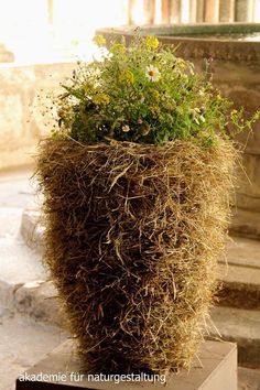 there is a planter made out of hay and flowers in the middle of it