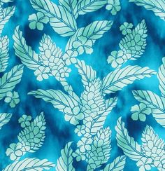 a blue and white floral pattern with green leaves on the top, in shades of teal