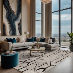 a living room filled with lots of furniture and large windows overlooking the cityscape