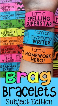 three bracelets with the words brag braceets written on them in different colors