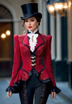 a woman in a red jacket and top hat